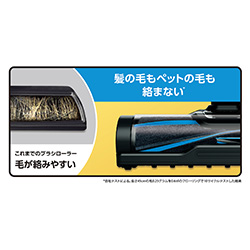 新開発「ブラシレスパワーフィン」搭載。※長さ45cmの毛0.25グラムを0.6㎡のフローリングで10サイクルテストした結果