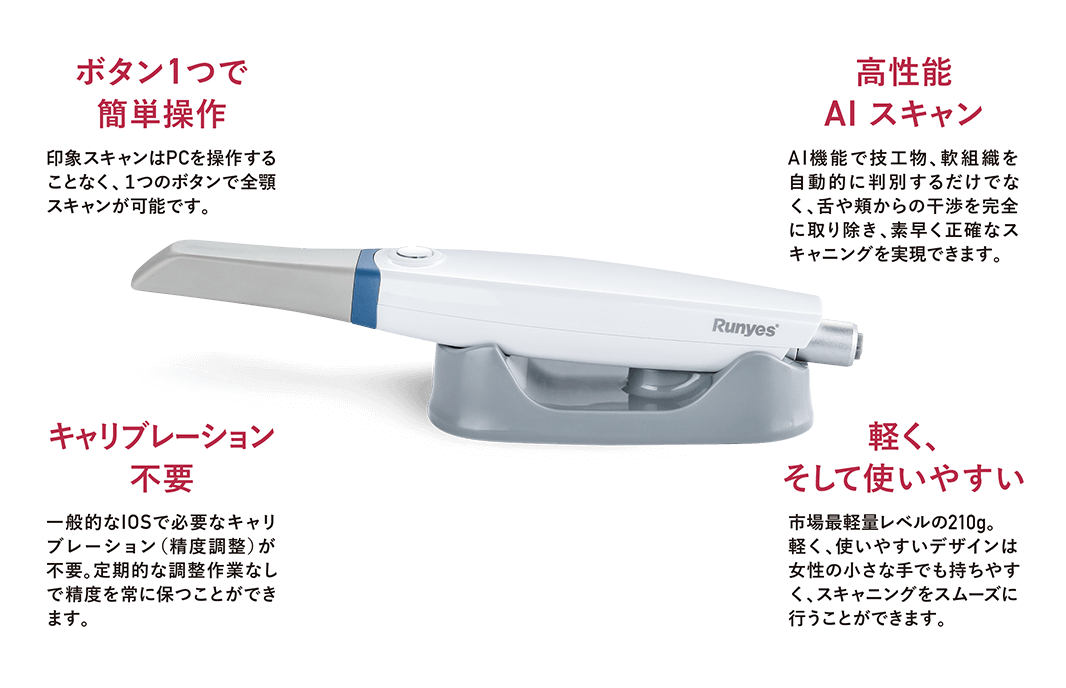 ボタン1つで簡単操作　印象スキャンはPCを操作することなく、１つのボタンで全顎スキャンが可能です。　高性能AIスキャン　AI機能で技工物、軟組織を自動的に判別するだけでなく、舌や頬からの干渉を完全に取り除き、素早く正確なスキャニングを実現できます。　キャリブレーション不要　一般的なIOSで必要なキャリブレーション（精度調整）が不要。定期的な調整作業なしで精度を常に保つことができます。　軽く、そして使いやすい　市場最軽量レベルの210g。軽く、使いやすいデザインは女性の小さな手でも持ちやすく、スキャニングをスムーズに行うことができます。